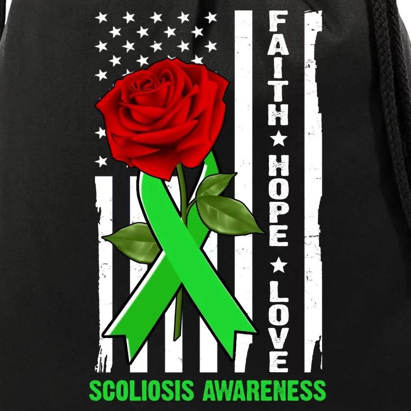 Faith Hope Love Scoliosis Awareness USA Rose Flag Drawstring Bag