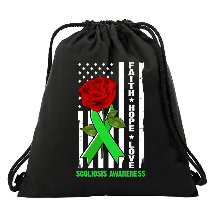 Faith Hope Love Scoliosis Awareness USA Rose Flag Drawstring Bag