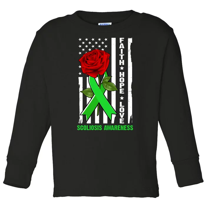 Faith Hope Love Scoliosis Awareness USA Rose Flag Toddler Long Sleeve Shirt