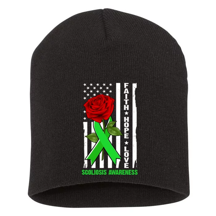 Faith Hope Love Scoliosis Awareness USA Rose Flag Short Acrylic Beanie