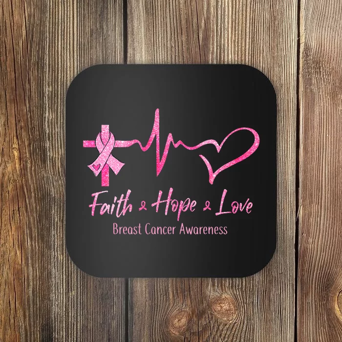 Faith Hope Love Breast Cancer Awareness Ribbon Heartbeat Coaster