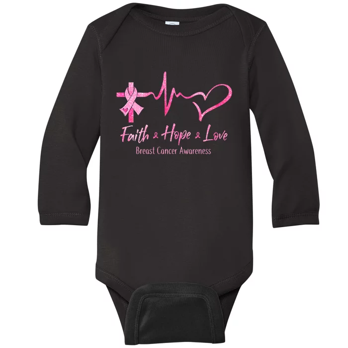 Faith Hope Love Breast Cancer Awareness Ribbon Heartbeat Baby Long Sleeve Bodysuit