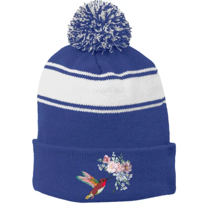 Flowers Hummingbird Lover Vintage Nature Hummingbird Meaningful Gift Stripe Pom Pom Beanie