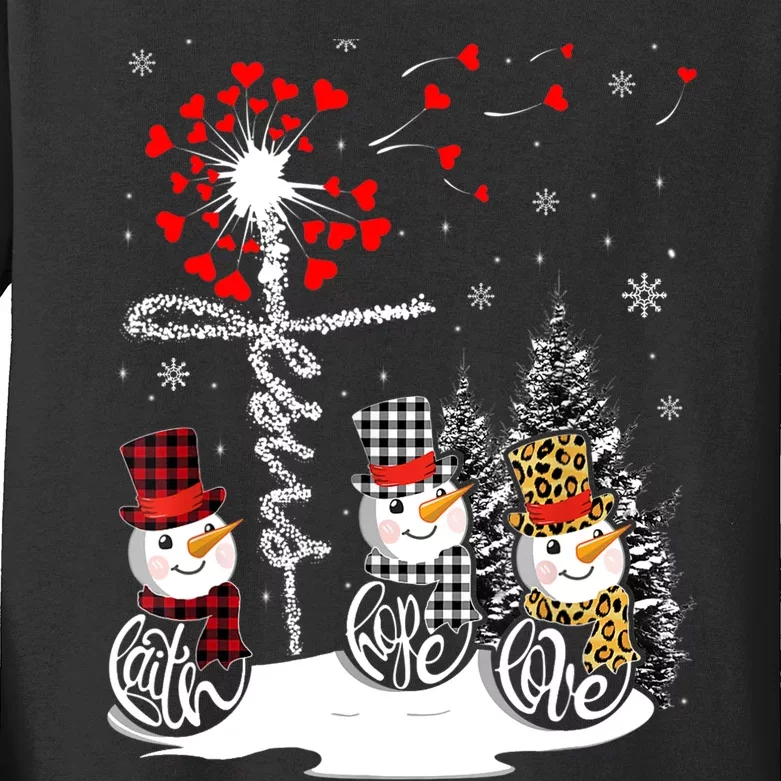 Faith Hope Love Snowman Jesus Dandelion Christian Christmas TShirt Kids Long Sleeve Shirt