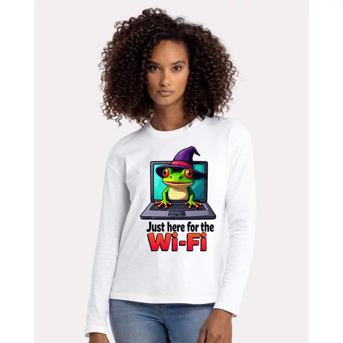 Funny Halloween Laptop Wifi Frog Witch Coffee Shop Womens Cotton Relaxed Long Sleeve T-Shirt