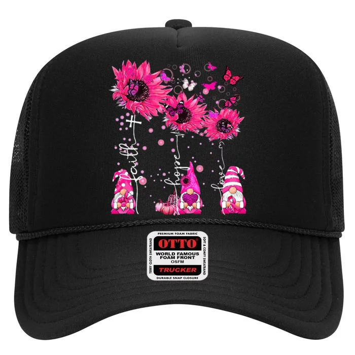 Faith Hope Love Gnome Ribbon Breast Cancer Awareness Flower High Crown Mesh Trucker Hat