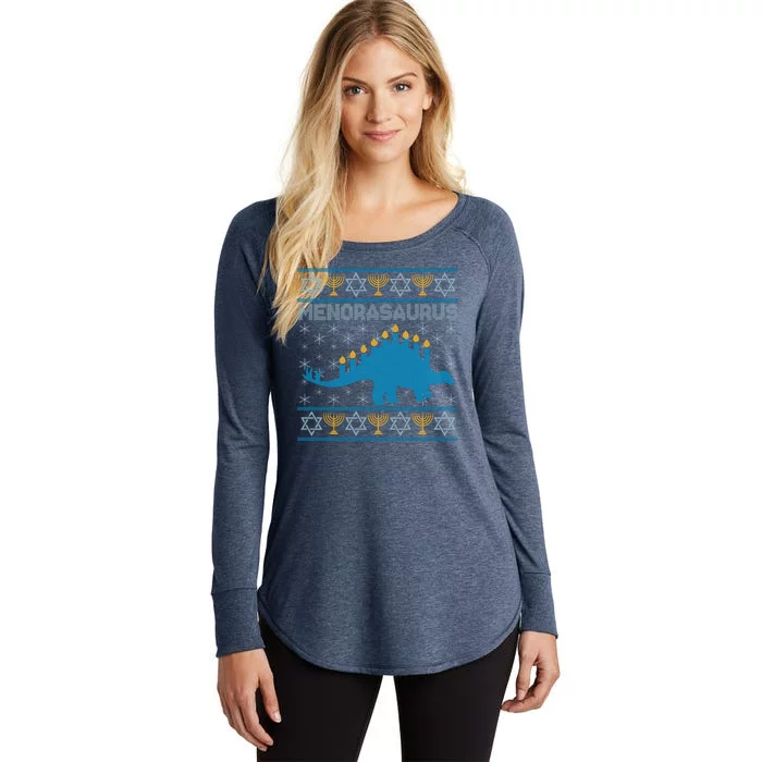 Funny Hanukkah Menorasaurus Dinosaur Ugly Sweater Women's Perfect Tri Tunic Long Sleeve Shirt