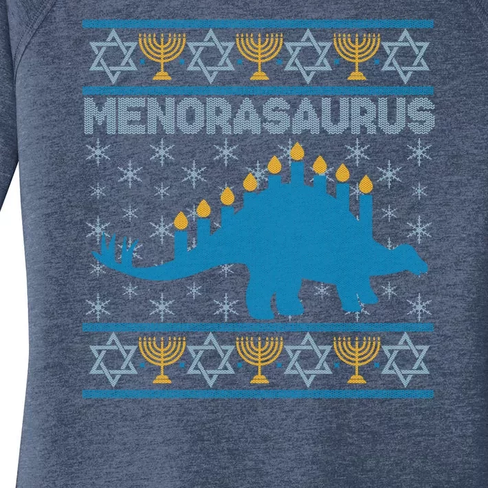 Funny Hanukkah Menorasaurus Dinosaur Ugly Sweater Women's Perfect Tri Tunic Long Sleeve Shirt