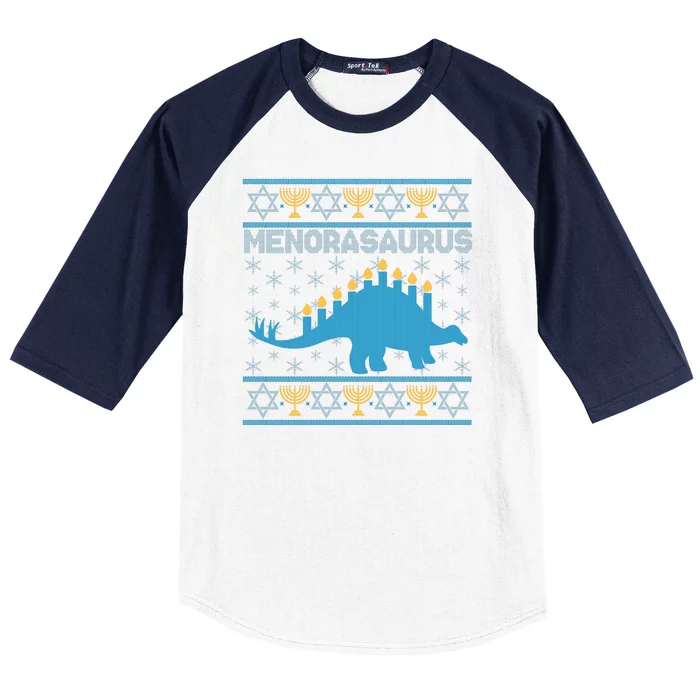 Funny Hanukkah Menorasaurus Dinosaur Ugly Sweater Baseball Sleeve Shirt