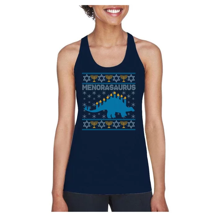 Funny Hanukkah Menorasaurus Dinosaur Ugly Sweater Women's Racerback Tank