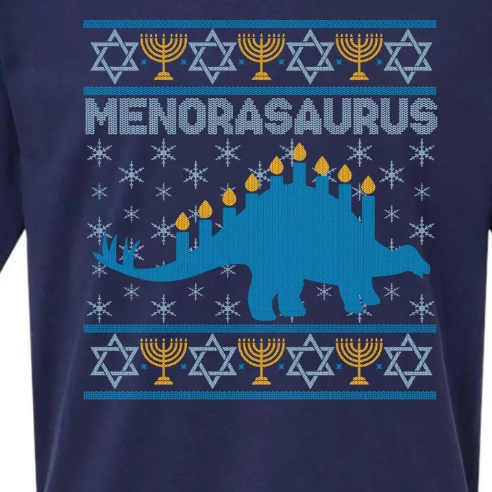 Funny Hanukkah Menorasaurus Dinosaur Ugly Sweater Sueded Cloud Jersey T-Shirt