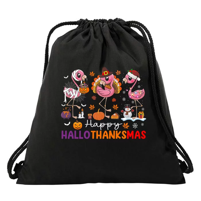 Flamingo Halloween Merry Christmas Happy Hallothanksmas Drawstring Bag