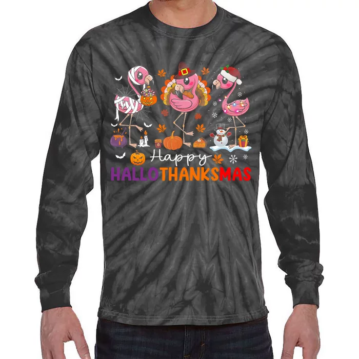 Flamingo Halloween Merry Christmas Happy Hallothanksmas Tie-Dye Long Sleeve Shirt