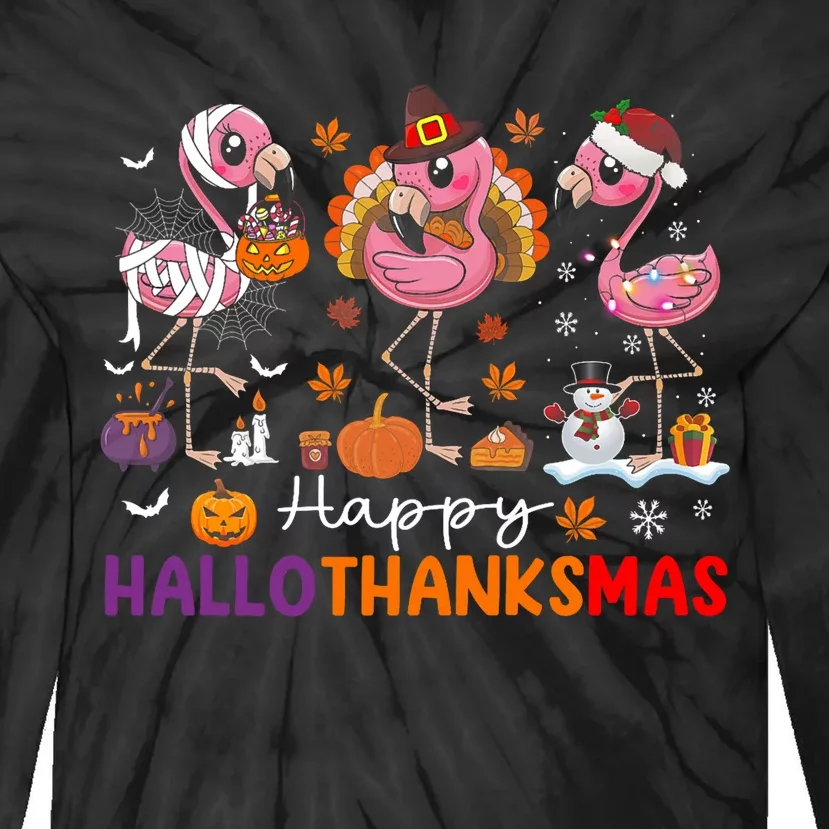 Flamingo Halloween Merry Christmas Happy Hallothanksmas Tie-Dye Long Sleeve Shirt