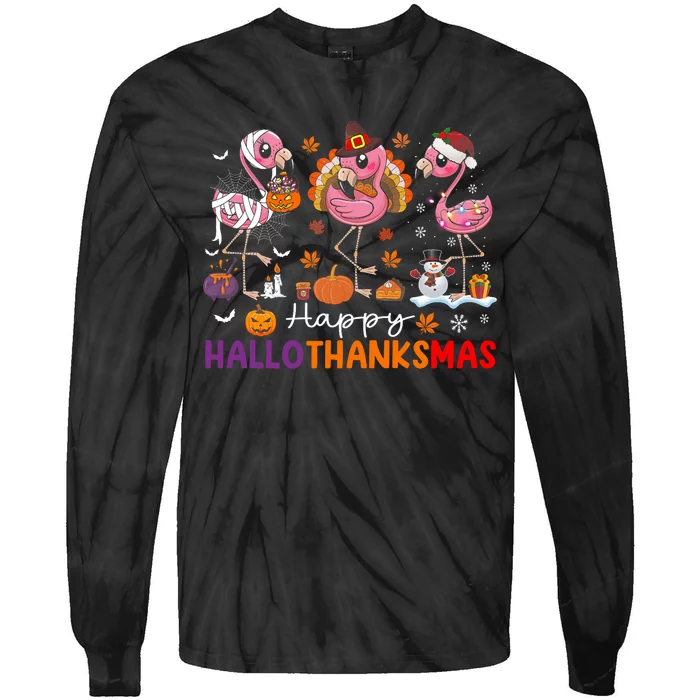 Flamingo Halloween Merry Christmas Happy Hallothanksmas Tie-Dye Long Sleeve Shirt