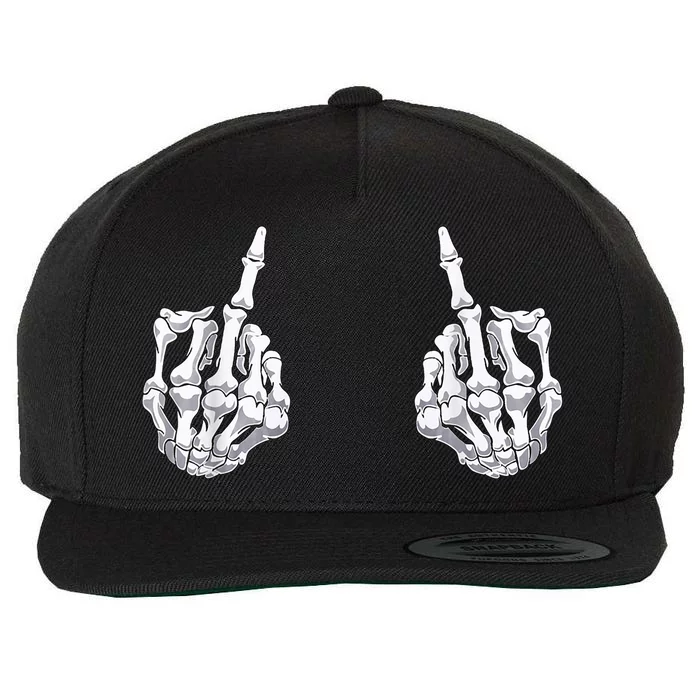 Funny Halloween Middle Finger Skeleton Hand Skull Gift Wool Snapback Cap