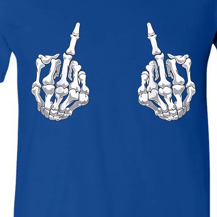 Funny Halloween Middle Finger Skeleton Hand Skull Gift V-Neck T-Shirt