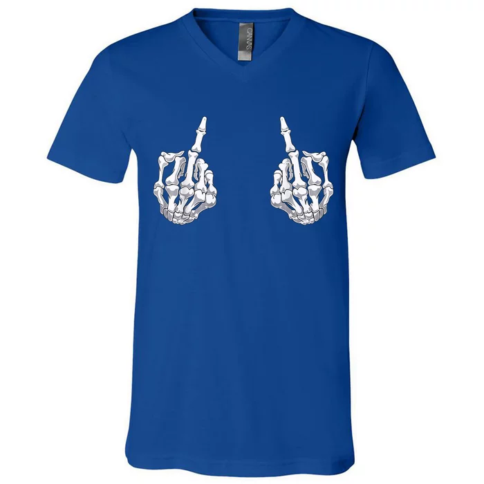 Funny Halloween Middle Finger Skeleton Hand Skull Gift V-Neck T-Shirt