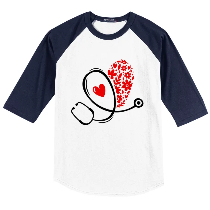 Floral Heart Medical Stethoscope Red Black Fan Fun Gift Baseball Sleeve Shirt