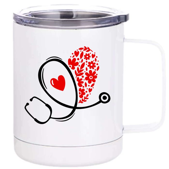 Floral Heart Medical Stethoscope Red Black Fan Fun Gift Front & Back 12oz Stainless Steel Tumbler Cup