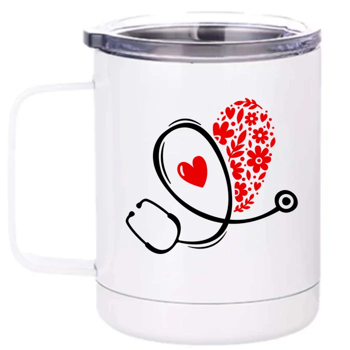 Floral Heart Medical Stethoscope Red Black Fan Fun Gift Front & Back 12oz Stainless Steel Tumbler Cup