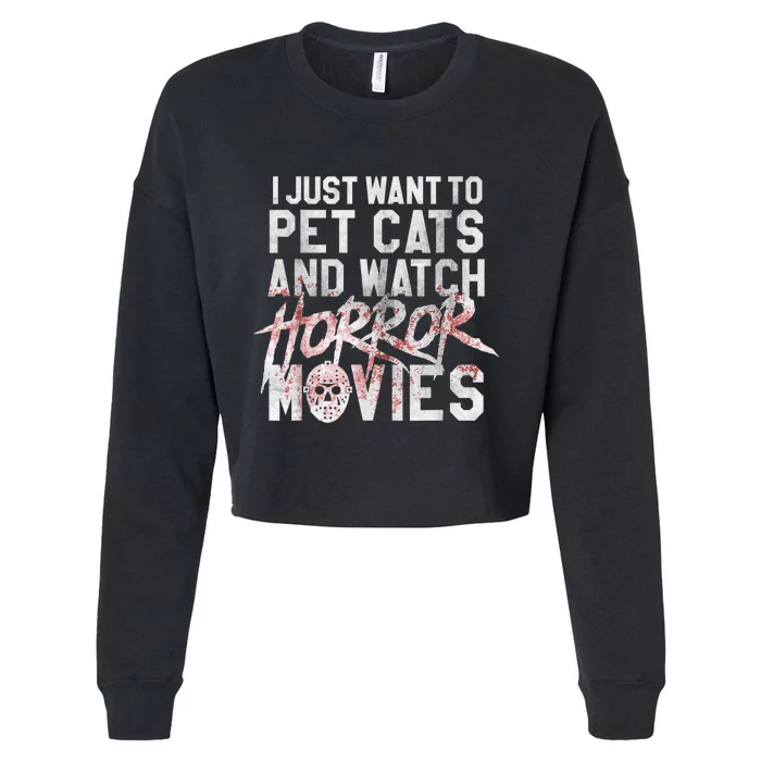 Funny Horror Movie Fan Halloween Cat Lover Gift Cropped Pullover Crew