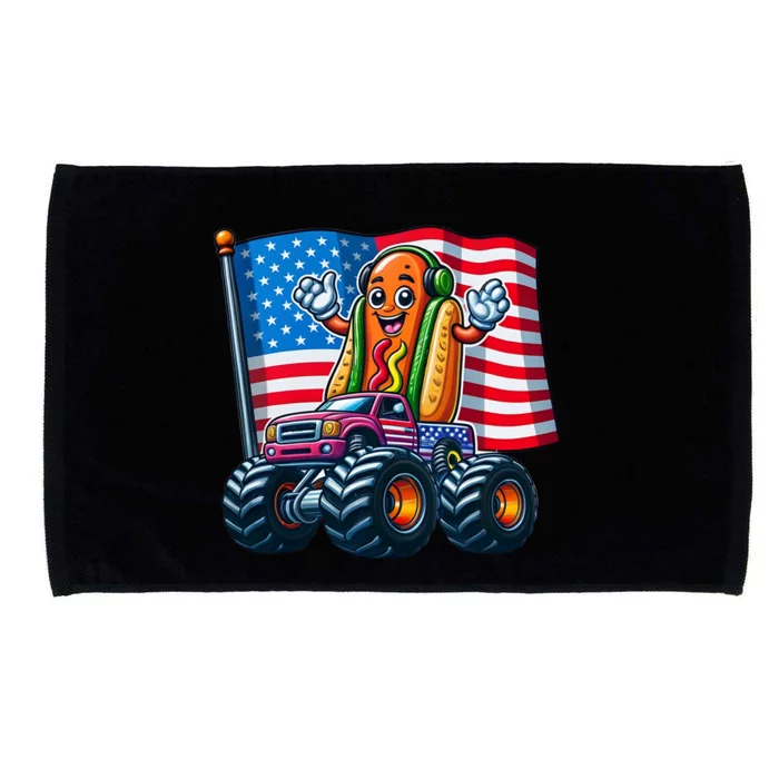 Funny Hotdog Monster Truck 4th Of July American Flag Gift Microfiber Hand Towel