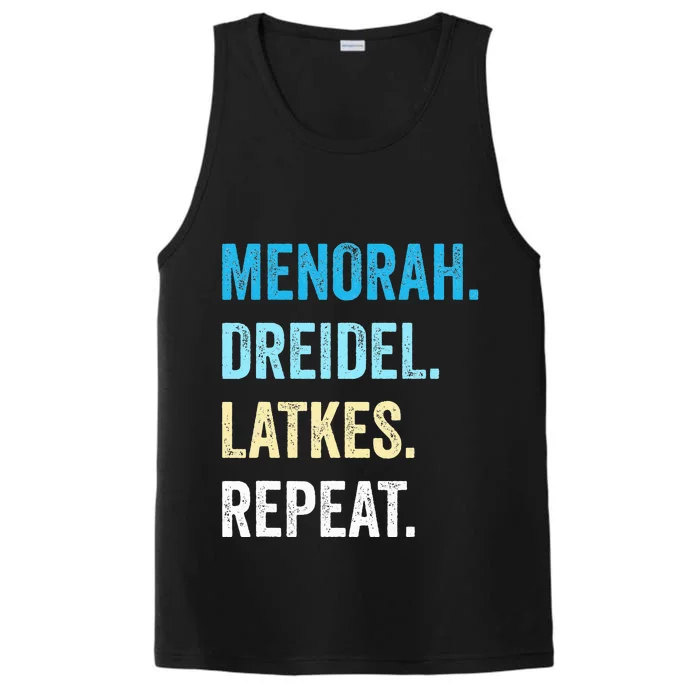 Funny Hanukkah Menorah Dreidel Latkes Repeat Jewish Chanukah Performance Tank