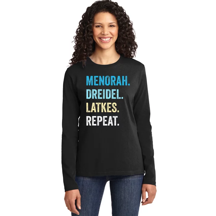 Funny Hanukkah Menorah Dreidel Latkes Repeat Jewish Chanukah Ladies Long Sleeve Shirt