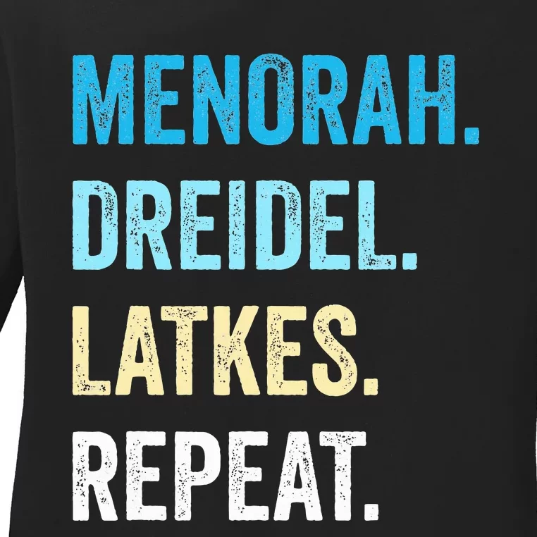 Funny Hanukkah Menorah Dreidel Latkes Repeat Jewish Chanukah Ladies Long Sleeve Shirt