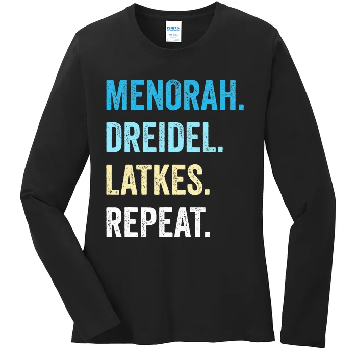 Funny Hanukkah Menorah Dreidel Latkes Repeat Jewish Chanukah Ladies Long Sleeve Shirt