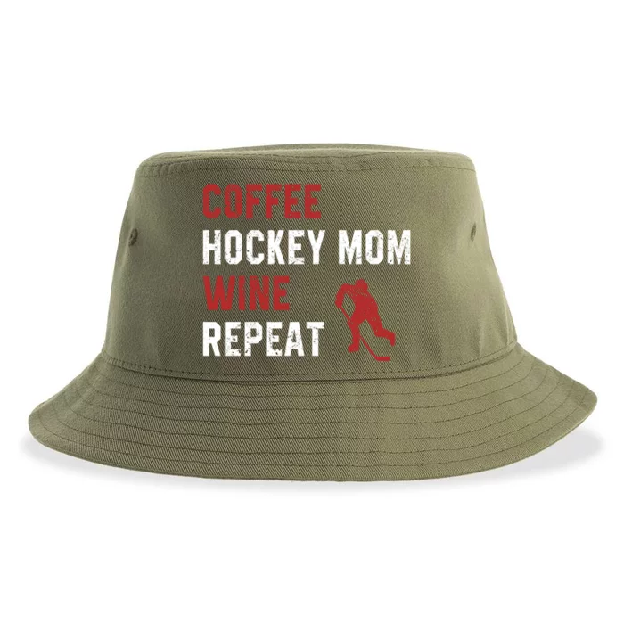 Funny Hockey Mom Sayings Coffee Hockey Mom Wine Repeat Gift Cool Gift Sustainable Bucket Hat