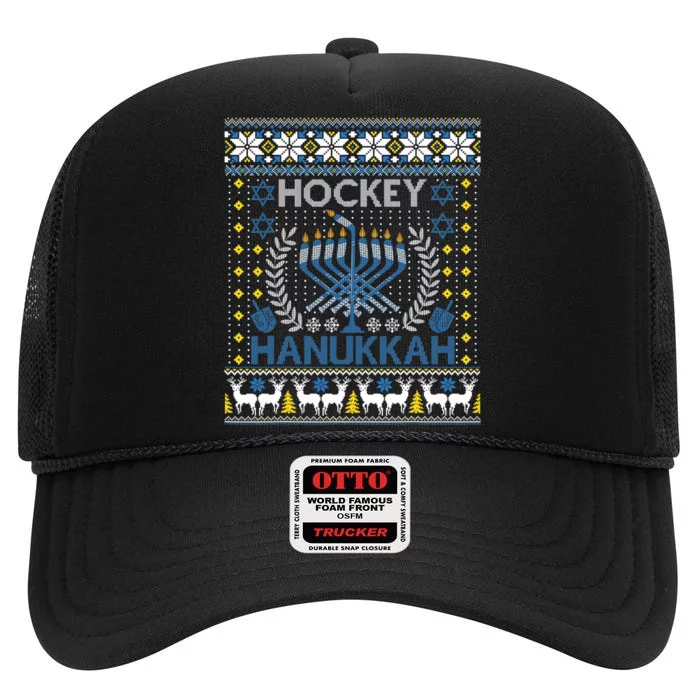 Funny Hockey Menorah Hanukkah Jewish Festival Holiday Season High Crown Mesh Trucker Hat