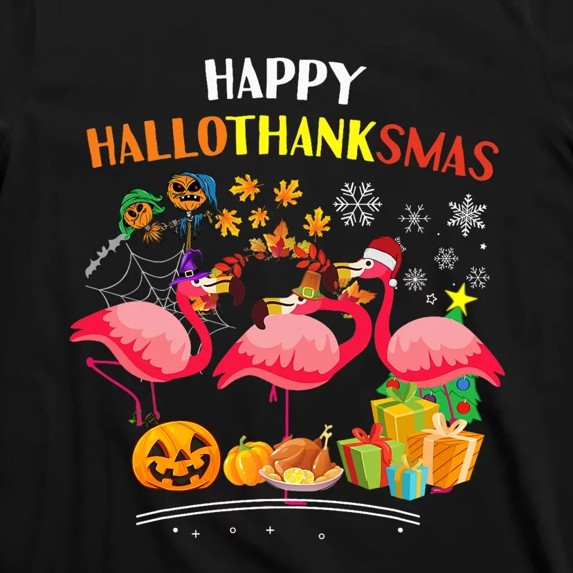 Flamingo Halloween Merry Christmas Happy Hallothanksmas T-Shirt