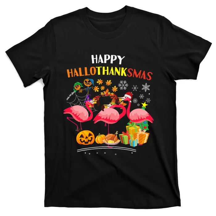 Flamingo Halloween Merry Christmas Happy Hallothanksmas T-Shirt