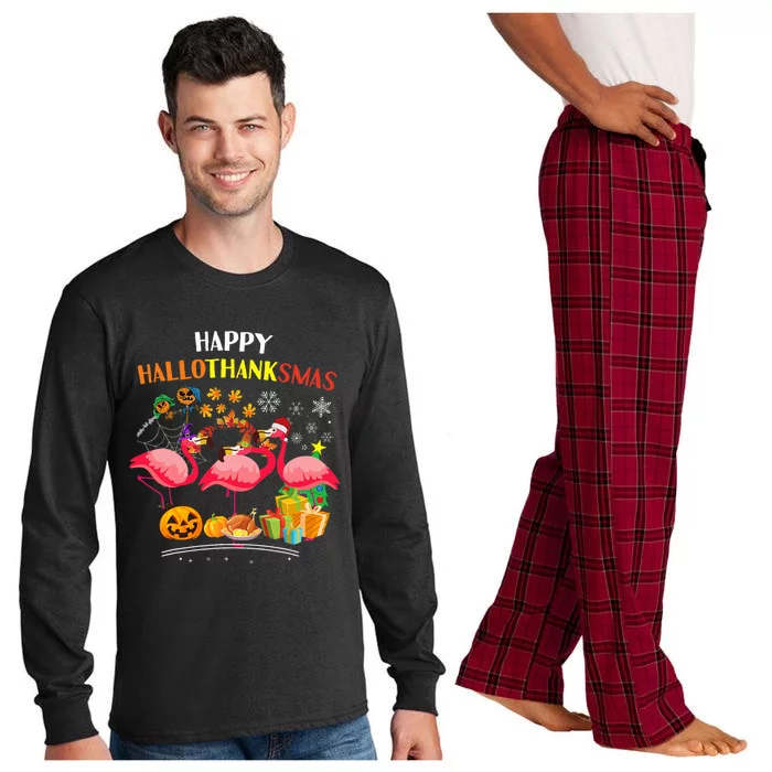 Flamingo Halloween Merry Christmas Happy Hallothanksmas Long Sleeve Pajama Set