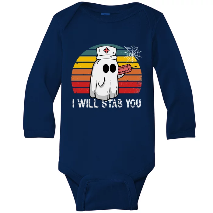 Funny Halloween Nurse Ghost I Will Stab You Retro Gift Baby Long Sleeve Bodysuit