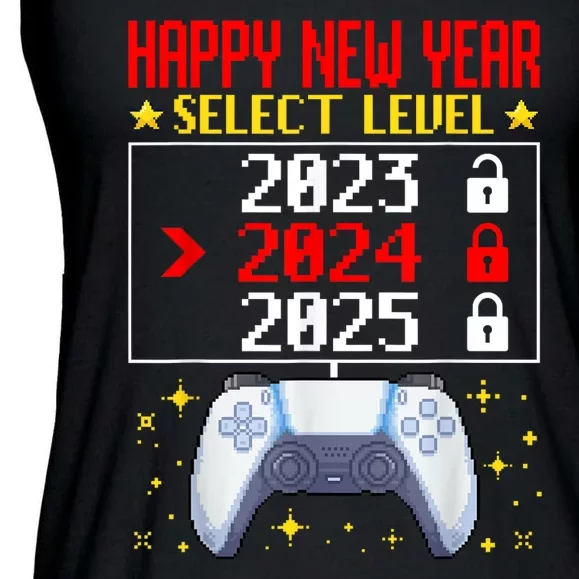 Funny Happy New Year Select Level 2024 Gaming Controller Gift Husband Boyfriend Ladies Essential Flowy Tank