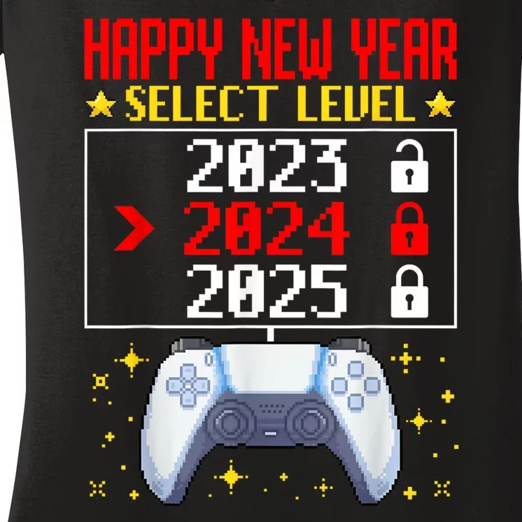 Funny Happy New Year Select Level 2024 Gaming Controller Gift Husband Boyfriend Women's V-Neck T-Shirt