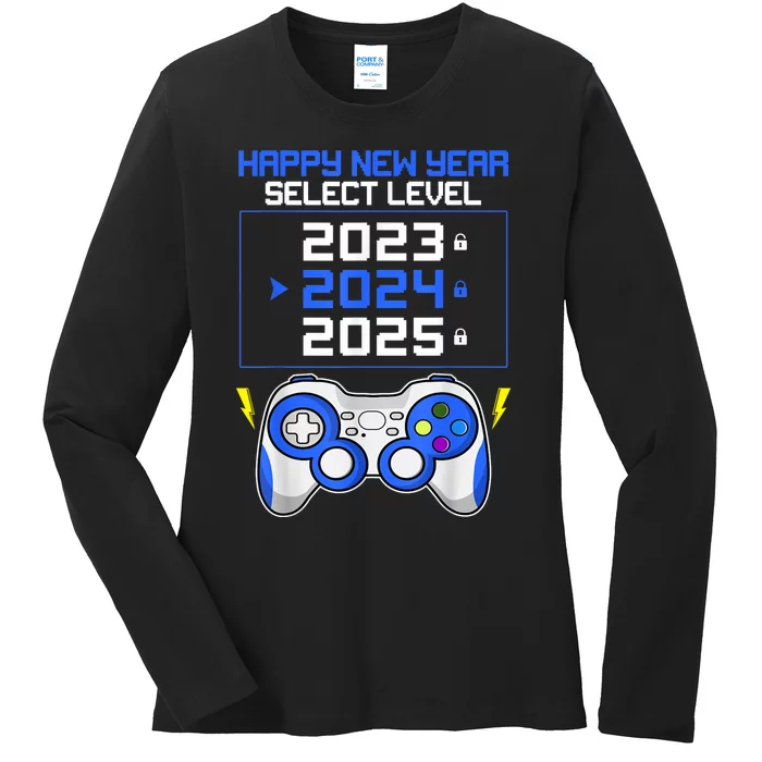 Funny Happy New Year Select Level 2024 Gaming Controller Ladies Long Sleeve Shirt