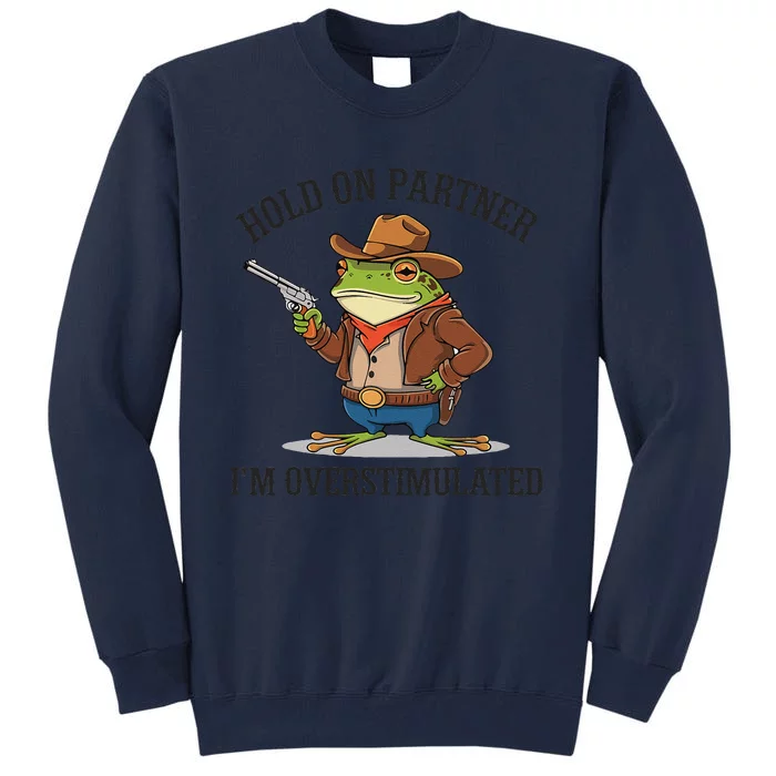 Funny Hold On Partner IM Overstimulated Cow Frog Vintage Tall Sweatshirt