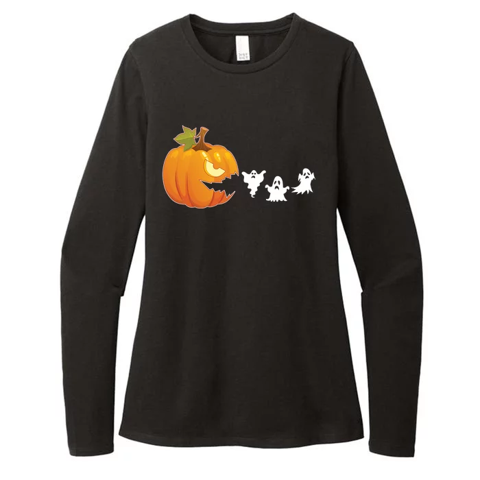 Funny Halloween Pac Man Pumpkin Ghost Womens CVC Long Sleeve Shirt