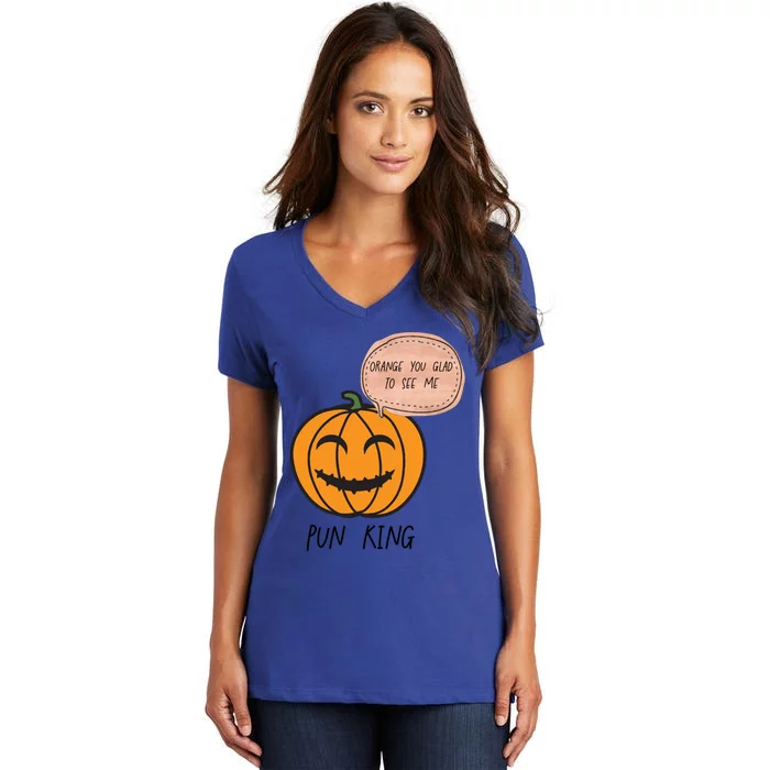 Funny Halloween Pumpkin Pun Joke Dad Joke Pun King Orange Gift Women's V-Neck T-Shirt