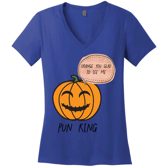 Funny Halloween Pumpkin Pun Joke Dad Joke Pun King Orange Gift Women's V-Neck T-Shirt