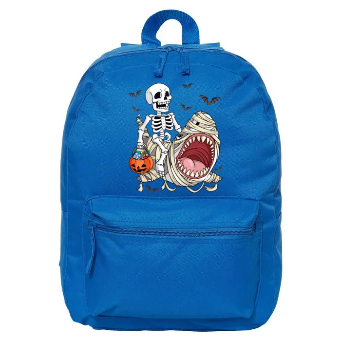 Funny Halloween Pumpkin Skeleton Riding Mummy Shark Gift 16 in Basic Backpack