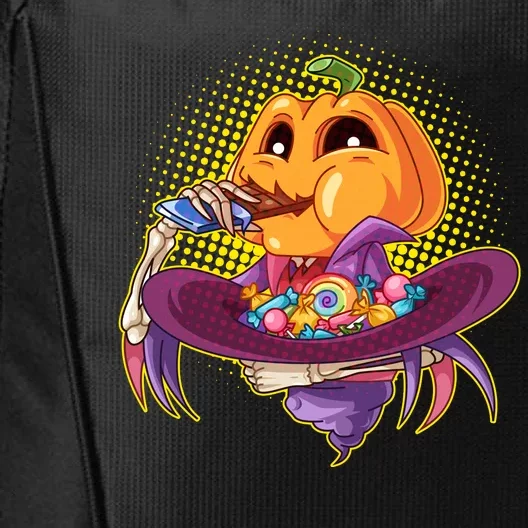 Funny Halloween Pumpkin Head Eating Candy City Backpack