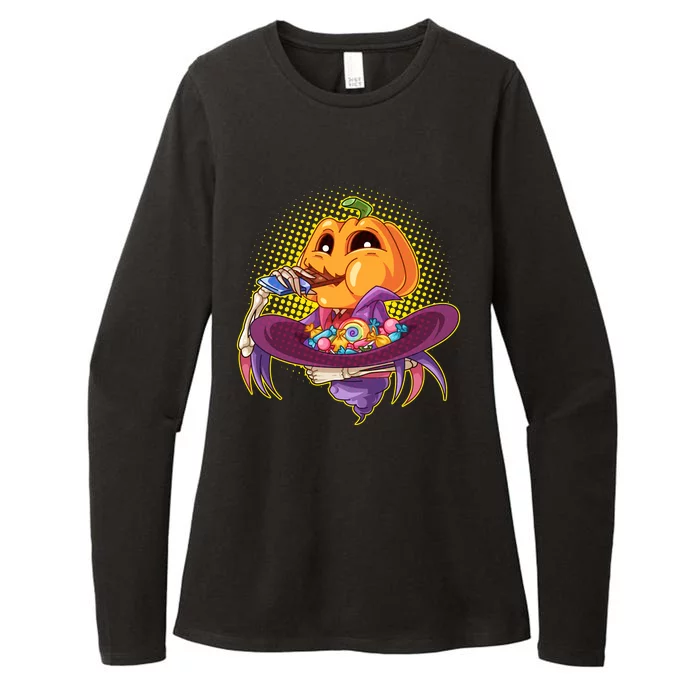 Funny Halloween Pumpkin Head Eating Candy Womens CVC Long Sleeve Shirt