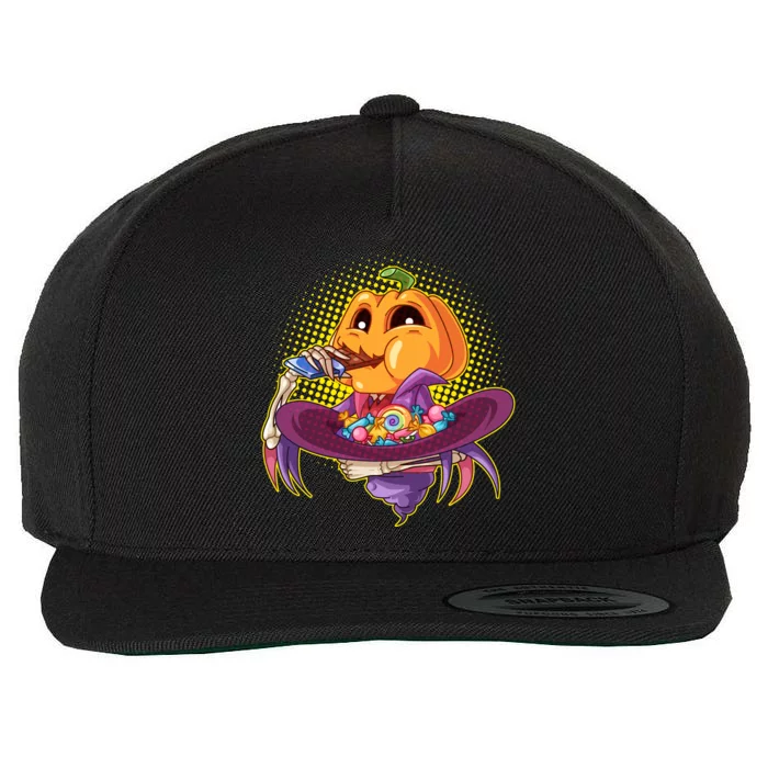 Funny Halloween Pumpkin Head Eating Candy Wool Snapback Cap