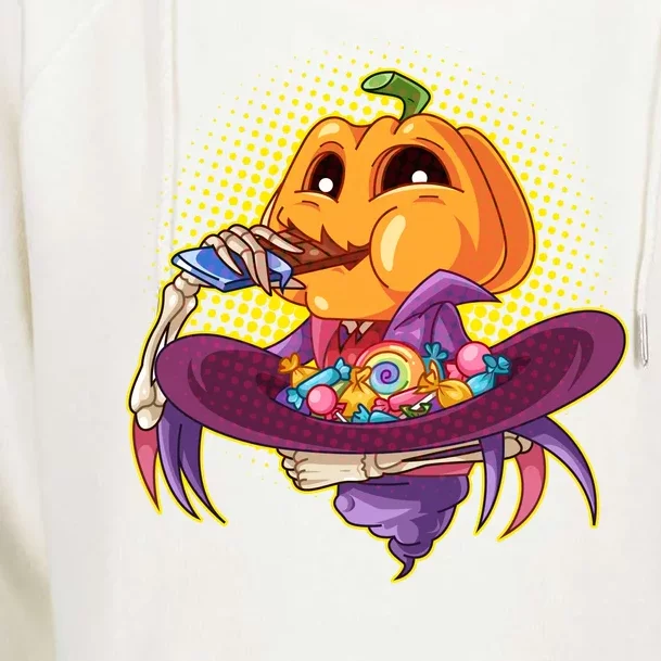 Funny Halloween Pumpkin Head Eating Candy Womens Funnel Neck Pullover Hood