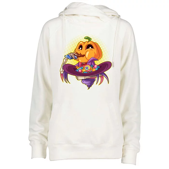 Funny Halloween Pumpkin Head Eating Candy Womens Funnel Neck Pullover Hood